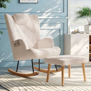 Fauteuil &agrave; Bascule-LUMINARIX-Rocking Chair-Teddy Velours Blanc-avec repose pieds-Style Scandinave-pour Salon-Chambre-Balcon