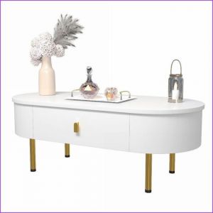 Table basse - Deux tiroirs poign&eacute;es et pieds dor&eacute;s coins arrondis - Blanc