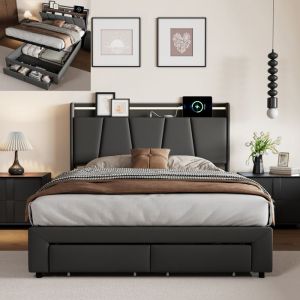 Lit Coffre 140x200 cm - LED - hydraulique - 2 Tiroirs - tissu en lin - cadre de lit adulte 140x200 cm - gris fonc&eacute; - sans Matelas