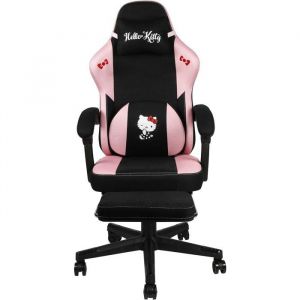 Chaise de Bureau Gaming - KONIX - Hello Kitty - Inclinaison si&egrave;ge 150&deg; - Rev&ecirc;tement Tissu - Coussin - Repose-pieds - Noir et rose