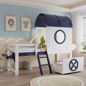 Lit enfant Lit mezzanine 90x200 cm Mi-hauteur Lit cabane tiroir roulettes échelle pin+MDF blanc+bleu