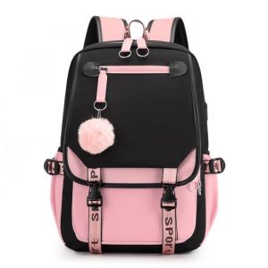 Sac &agrave; Dos Scolaire en Nylon Imperm&eacute;able Primaire Coll&eacute;ge Garcon-Fille USB Port de Charge et Casque - Noir Rose