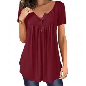 T-shirt femme - FONDUPIN - Coupe ample - Manches courtes - Col henley - Vin rouge