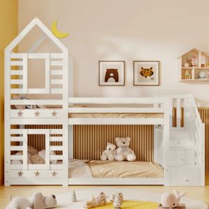 Lit superpos&eacute; Maisentiel bois blanc avec escalier tiroirs rangements pour matelas 90x200 cm