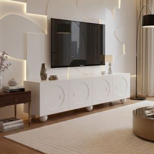Meuble TV 180cm Blanc Mat - AMBIANCE - Portes Relief 3D - Grand Rangement Salon - Design Scandinave Chic - Base Plate Ultra Solide