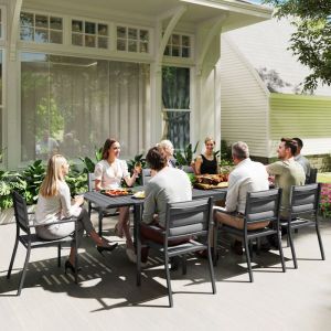 Salon de jardin table extensible 135-270 cm en aluminium et textil&egrave;ne 6/10 personnes 8 chaises empilables gris