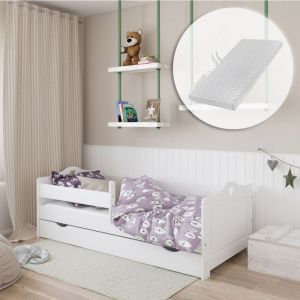 Lit enfant 80x180 cm avec matelas et sommier - Avec tiroir de rangement - Lit fille avec barrière de lit - Motif cœur - Blanc