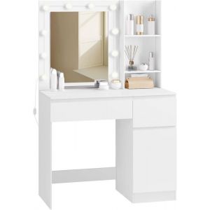 EUGAD Coiffeuse avec Miroir LED, Table de Maquillage avec 2Tiroirs et 1Armoire, 2Étagères Latérales, 90x140x39,5cm, Blanc 0055SZT