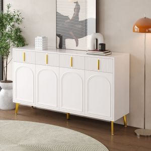 Buffet Moderne Buffet bahut de salon 4 tiroirs et 4 portes Rangement Buffet Bas 140x37.8x82 cm Pieds en métal Blanc