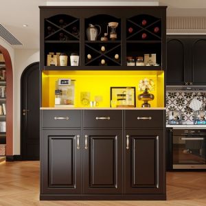 Buffet De Cuisine Noir 120x40x180cm Meuble Haut Multifonction 3 Portes + 3 Tiroirs + &Eacute;clairage LED &ndash; Rangement Polyvalent