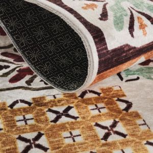 Tapis descente de lit 80 x 150 cm multicolore beige vert motif g&eacute;om&eacute;trique hydrophuge id&eacute;al pour chambre