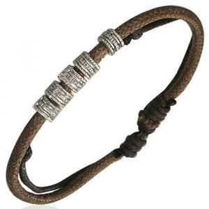 Bracelet homme - ZENSE - Cuir clair et anneaux couleur acier - Ajustable 16cm à 26cm - ZB0058-A