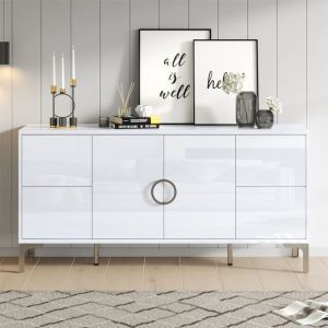Bahut de Salon Blanc Laqu&eacute; Brillant 150 cm avec Push-to-Open 4 Tiroirs et 2 Portes Buffet Bas Salle &agrave; Manger Pieds M&eacute;tal Design
