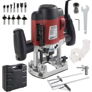 AREBOS Défonceuse à bois  Fraiseuse de bords à main Mallette  comprend 12 mèches de toupie avec queue de 8 mm  1200 W
