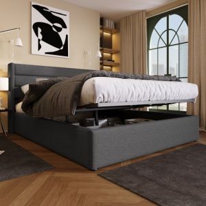Lit 160x200 cm avec cadre en m&eacute;tal - lit coffre  lit  tapiss&eacute; avec sommier &agrave; lattes en bois - en lin - gris(matelas non inclus)