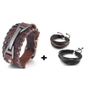 Bracelet manchette cuir marron et m&eacute;tal acier cuivr&eacute; argent + 2 bracelets cuir multi-brins noir et marron offert ! - Bijoux Homme