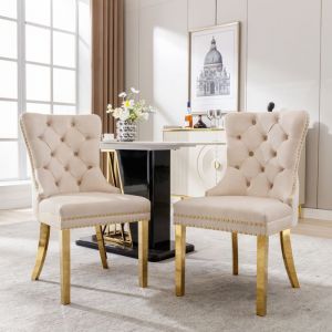 Lot de 2 Chaises de Salle &agrave; Manger Velours Beige avec Pieds Dor&eacute;s et Anneau D&eacute;coratif Design Confortable - 51&times;65.5&times;95 cm - Beige