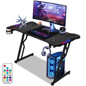 Bettizia Bureau Gamer LED 120x60x75cm RGB Table de Gaming avec Tapis de Souris Noir Forme de Z MEUBLE INFORMATIQUE