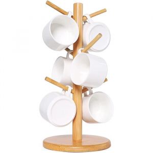 Porte-tasses en bois Arbre à tasses de Café Support de table à tasses de thé Porte-Gobelet avec 6 crochets pour comptoir