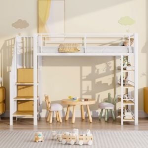 Lit mezzanine 90x200cm escalier espace de rangement petite penderie &eacute;tag&egrave;res structure barri&egrave;re lit simple lit enfant