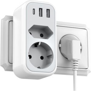 5 En 1 Multiprise Murale Bloc Prise Fran&ccedil;aise - Multi Prises Mural Voyage Avec 2 Port Usb A & Usb C Adaptateur International Secte