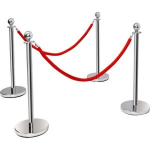 4 Poteau de Guidage Barrières de Sécurité en Acier Inox. avec Corde Vlours Rouge 1.5M pour Contrôler des Foule et les Personnes VIP