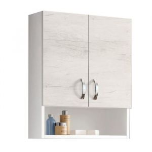 Meuble de salle de bain - Armoire murale suspendue - Ch&ecirc;ne Blanc - 2 portes - &Eacute;tag&egrave;re en verre