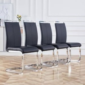 Lot de 4 chaise de pi&eacute;tement luge structure en m&eacute;tal chrom&eacute;charge max 120 kg tissu en cuir artificiel PU 43x54x100cm noir