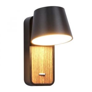 Applique Murale Moderne en Aluminium Noir et Bois avec Spot Orientable LED 6W et Interrupteur pour Table de Nuit Chambre à Coucher.