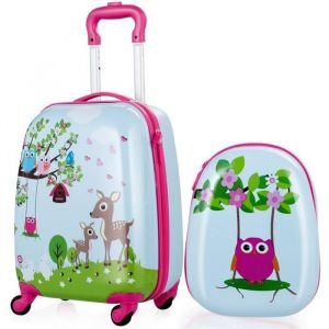 COSTWAY Valise Enfant 16et Sac &agrave; dos 12 pour Enfants Set Bagage Enfant Trolley &agrave; Roulette Bleu Claire Imprim&eacute; de For&ecirc;t