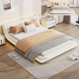 Lit 160x200 cm avec LED lit Queen 160x200 cm avec sommier à lattes design moderne scandinave tissu en PU blanc