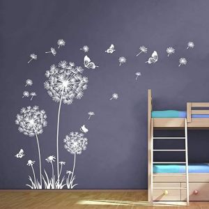 Sticker Muraux Pissenlit Blanc Autocollant Mural Papillon Fleurs Amovible Deco Stickers Chambre Enfant B&eacute;b&eacute; Salon Decoration