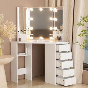 Coiffeuse-HOMDOX-Coiffeuse meuble 112x50x143cm-Coiffeuse dangle moderne à 5 tiroirs et étagère pour femmes et filles-Blanche