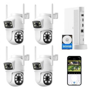 CAMCAMP Kit Caméra de Surveillance WiFi Extérieur sans fil 2MP+2MP Double Objectif 10CH NVR 500GB Disque dur Vision Nocturne