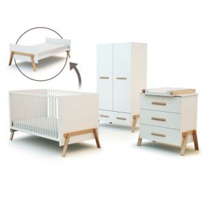 AT4 - Chambre b&eacute;b&eacute; lit commode &agrave; langer 3 Tiroirs + armoire en bois  Blanc et H&ecirc;tre Verni -