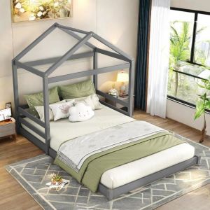 Lit Cabane Enfant 140x200 Avec Barri&egrave;re Pour Gar&ccedil;on Fille En Forme de Maison Avec Sommier &agrave; Lattes Gris (Sans Matelas)