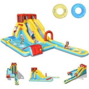 DREAMADE 7 en 1 Château Gonflable Aquatique, Aire de Jeux avec Double Toboggans, Piscine, Canon à Eau, Mur d'Escalade pour Enfants