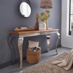 Table console - WOHNLING - Sheesham - 130 cm - Bois massif - M&eacute;tal inoxydable poli