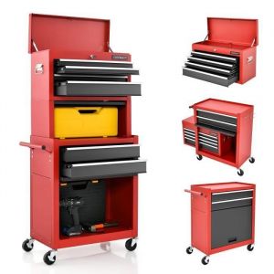 COSTWAY Servante dAtelier Vide Caisse à Outils-avec 6 Tiroirs 2 en 1-Etagère Réglable-Doublure EVA-4 Roues Universelles Rouge+Noir