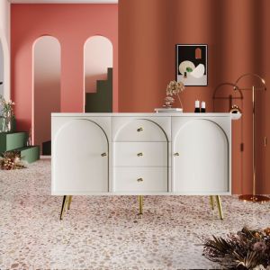 Commode Maisentiel  2 portes 3 tiroirs H84x140x40 cm pieds m&eacute;tal r&eacute;glables finition cr&egrave;me blanche