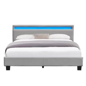 Lit adulte 160x200 GRIS avec Sommier + Tête de Lit LED  - Revêtement PVC Simili