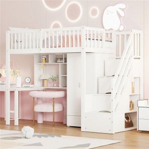 Lit mezzanine enfant 90x200 cm avec escalier rangements et bureau  lit simple avec armoire et &eacute;tag&egrave;re pour gar&ccedil;on et fille blanc