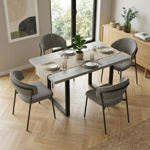 JEIXI Ensemble table de salle &agrave; manger extensible et 4 chaises avec plateau en MDF effet b&eacute;ton gris et chaises en lin 130-170 cm