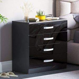 Commode Hulio noire haute brillance avec 4 tiroirs – Meuble de chambre moderne