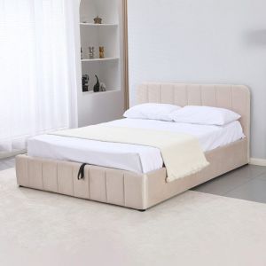 Lit coffre 140x190 velours beige avec t&ecirc;te de lit + sommier &agrave; lattes
