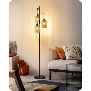 EDISHINE Lampadaire sur pied salon avec abat-jour en corde tiss&eacute;e bouton rotatif 3 ampoules LED 4W 2700K dimmables fournies boho