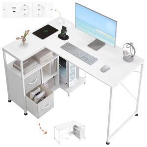 Bureau Forme L - WOLTU Table dOrdinateur - avec Prises et USB-ATyp-C - 120x80x76cm - Blanc