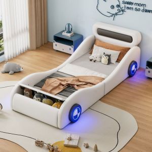 Lit rembourr&eacute; lit simple 90x200cm lit enfant lit Junior lit rembourr&eacute; en forme de voiture avec roues lumineuses et espace de r