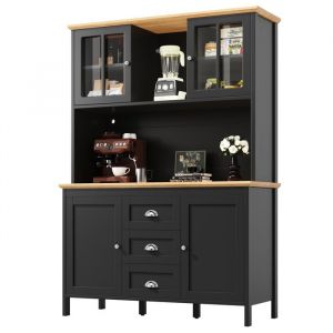 Buffet de Cuisine Haut 120 cm avec 4 Portes 3 Tiroirs et LED USB Meuble de Rangement Moderne Noir pour Cuisine Salon