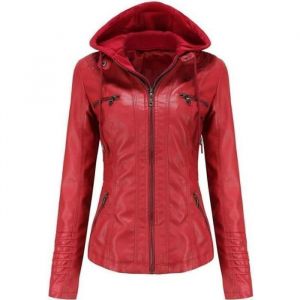 Blouson Femme Simili Cuir &agrave; Capuche Amovible INSFITY - Rouge